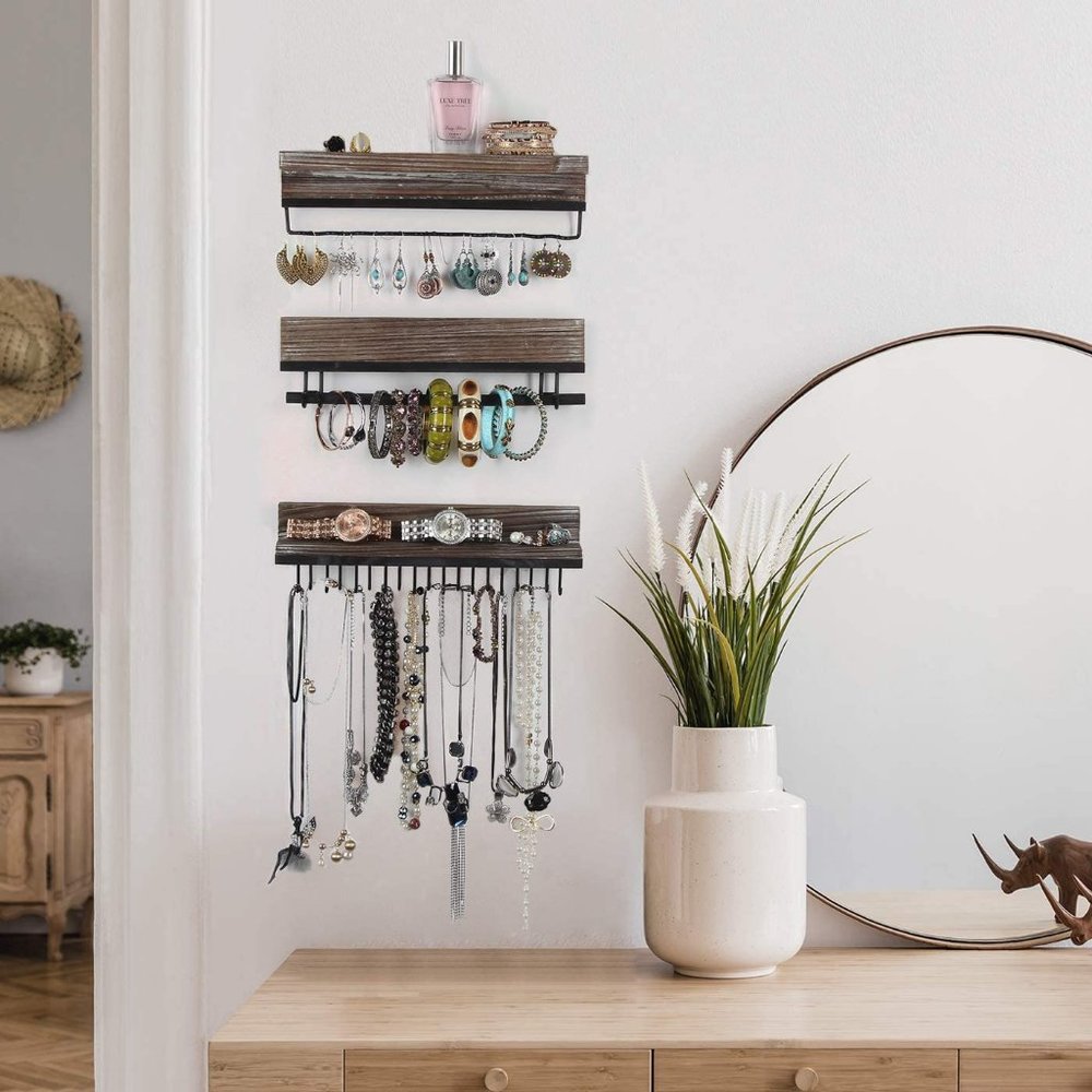 Rustic Wood 3-Piece Wall Mounted Jewelry Rack - Picture 3 of 7